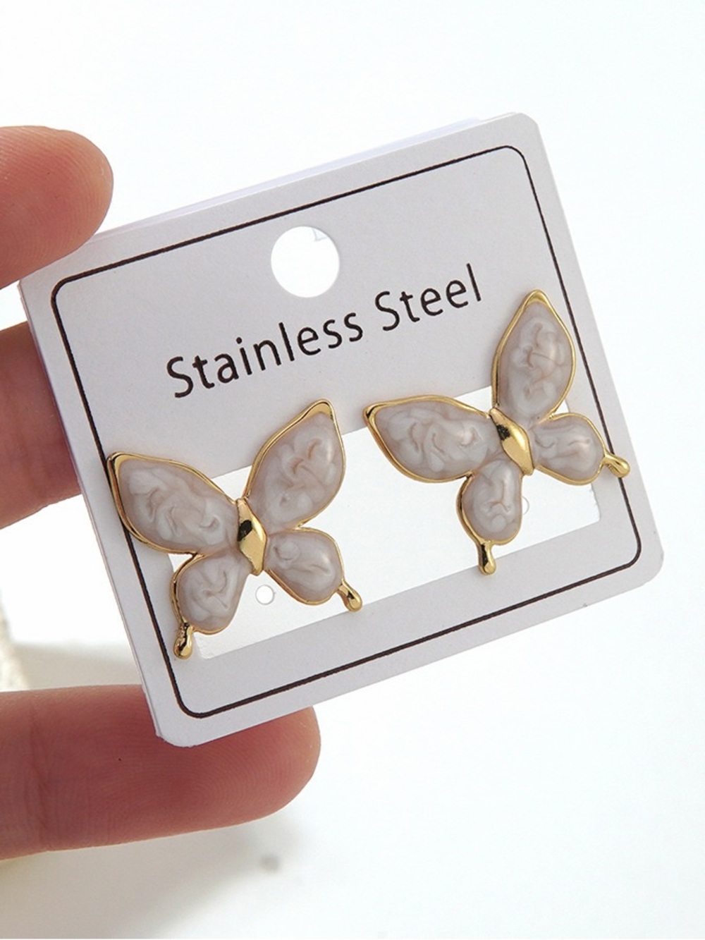 Gold Butterfly Stud Earrings with Cream Inlay - Stainless Steel